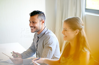 Buy stock photo Business, people and meeting with tablet in office for finance planning, budget review and feedback. Financial advisors, teamwork and happy with discussion for company investment and risk management