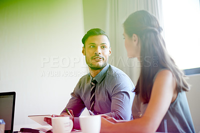 Buy stock photo Speaking, tablet or people in company for coworking, creativity or collaboration together. Development, brainstorming or employees in meeting for business feedback, planning or project management