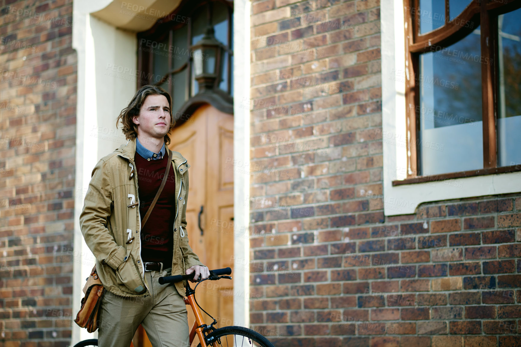 Buy stock photo Outdoor, walking and man with bicycle in commute for sustainable travel or journey in town. Thinking, morning and person with bike for eco friendly transportation on urban sidewalk street in city