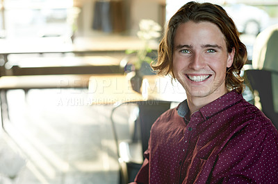 Buy stock photo Business, man and portrait with smile in office for career start, designer or startup pride. Professional, person or space at creative agency for about us, confidence or design internship opportunity