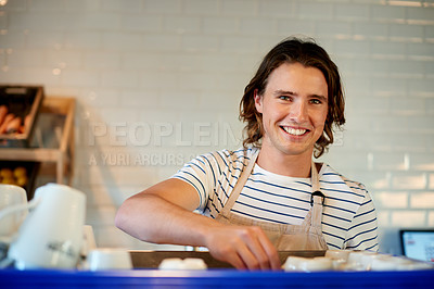 Buy stock photo Barista, happy and portrait of man in coffee shop for serving drinks, espresso and beverage. Restaurant, hospitality and person with cups for cappuccino, latte or tea for customer service in cafe