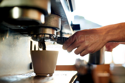 Buy stock photo Hands, waiter and portafilter with cup at machine for coffee preparation, cafe order and espresso. Restaurant, service and man with process for premium blend caffeine, latte beverage and hospitality