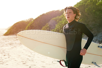 Buy stock photo Running, surfing and travel with man at beach for fitness, summer holiday and adventure. Water sports, surfboard and exercise with person outdoor for surfer training, tropical vacation and hobby