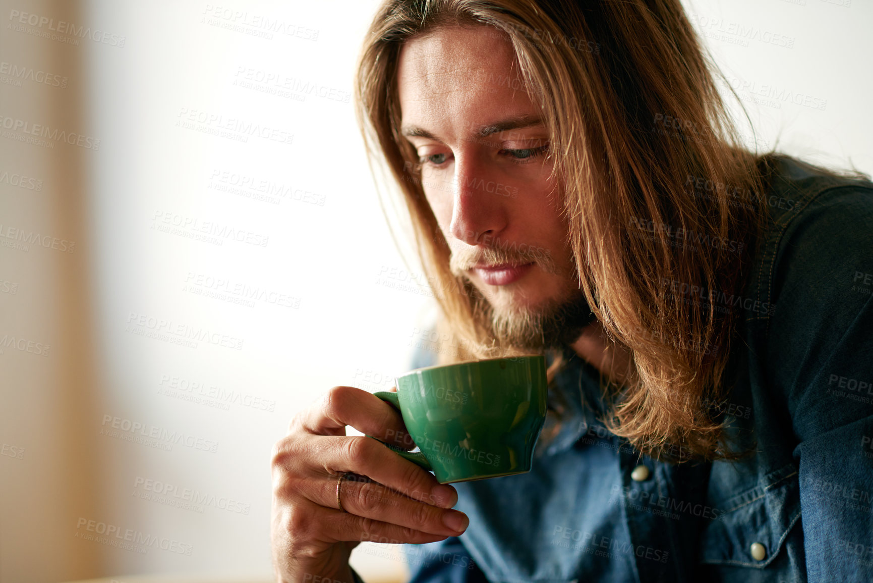 Buy stock photo Thinking, drink and coffee with man in lounge for aroma, relax and caffeine beverage. Ideas inspiration, espresso and morning with person in living room at home for latte cup, cappuccino and break