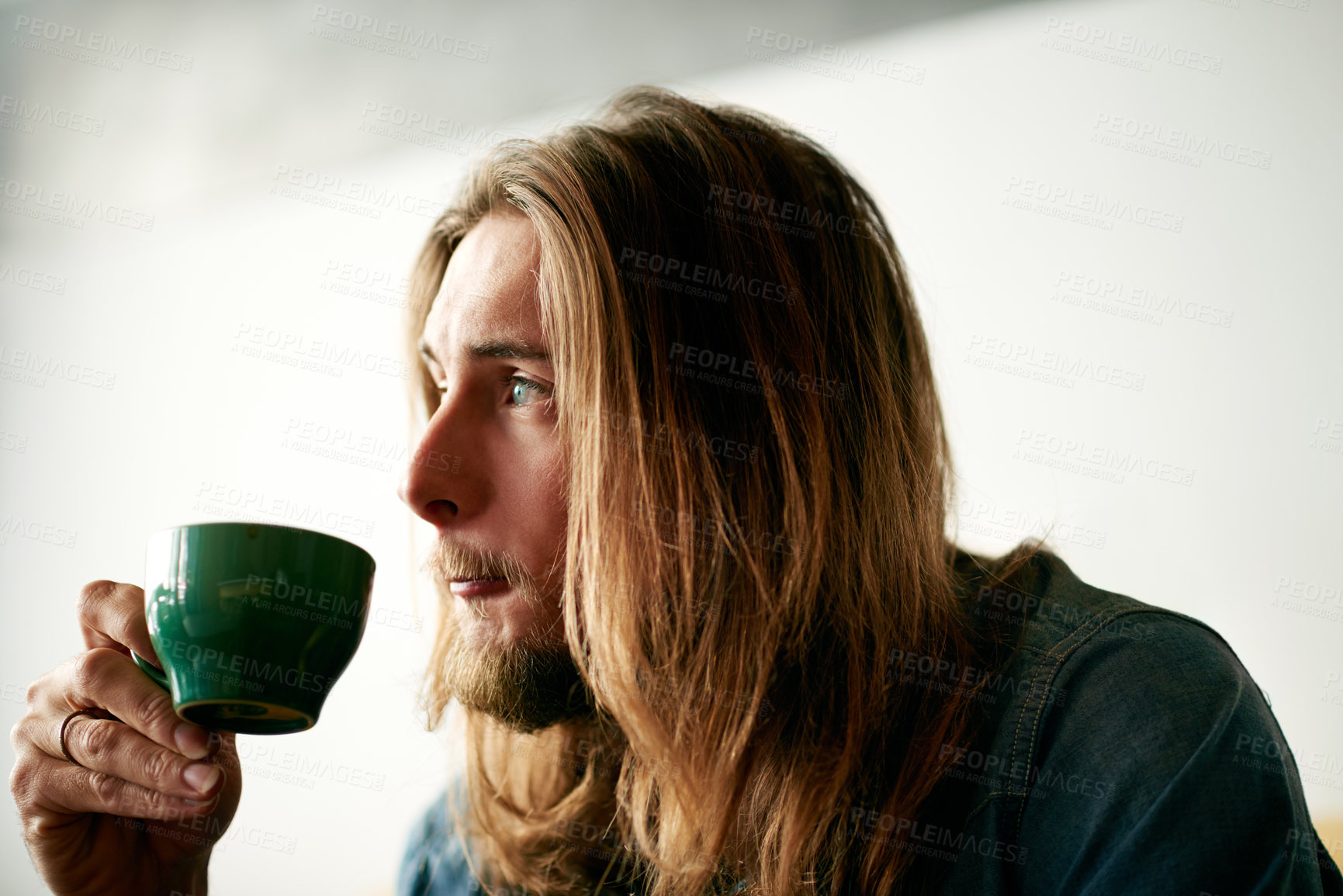 Buy stock photo Thinking, coffee and drinking with man in cafe for espresso, cappuccino or caffeine beverage. Relax, reflection and latte mug with customer and cup in cafeteria for vision, liquid and restaurant