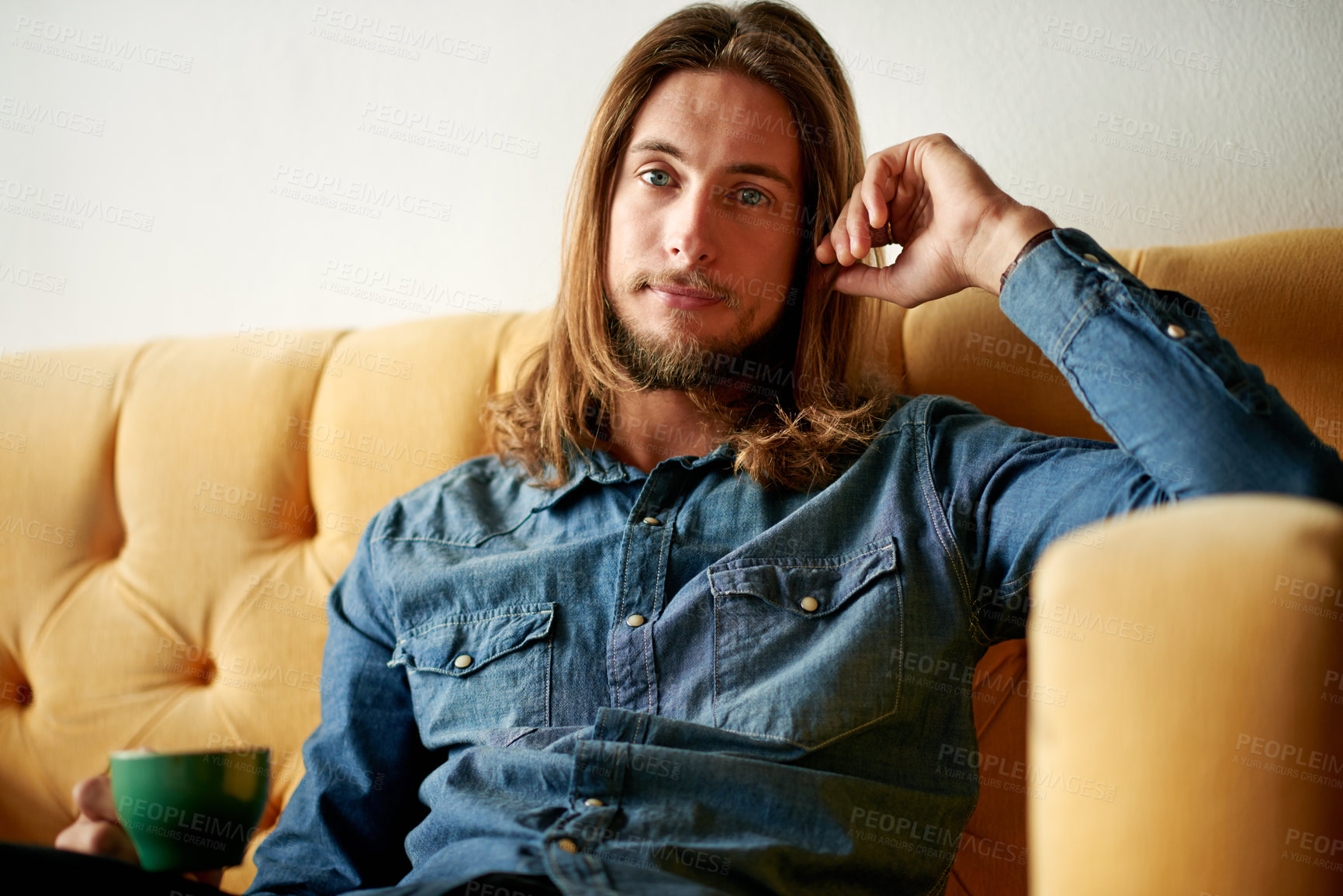 Buy stock photo Portrait, man and rest with coffee at house for morning start, planning and ideas for weekend break. Thinking, male person and espresso beverage for reflection, remember past and thoughtful in lounge