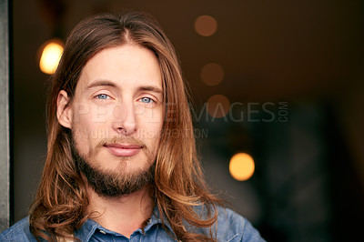 Buy stock photo Portrait, barber and man in salon for small business, startup and professional hairdresser with bokeh. Confidence, hairstylist and male person, worker and shop owner with beauty service in UK