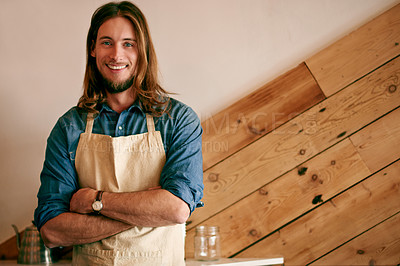 Buy stock photo Man, barista and portrait in coffee shop with confidence, friendly service and pride for startup growth. Entrepreneur, happy and arms crossed at cafe space for small business, hospitality and welcome