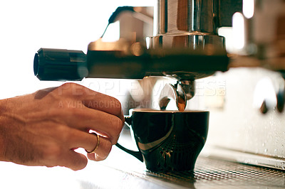 Buy stock photo Hands, machine and barista with coffee in cafe for espresso preparation, latte order or premium blend. Hospitality industry, person and cup for brewing process, customer service or hot mocha beverage