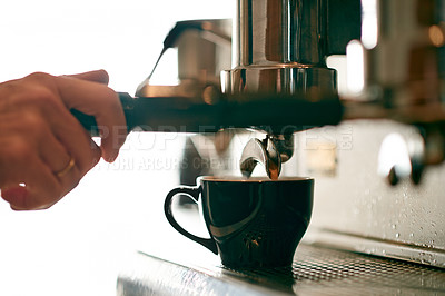 Buy stock photo Coffee machine, barista and person in cafe, hands and prepare latte and hospitality industry. Closeup, service and employee in restaurant, skills and brewing process with premium blend caffeine
