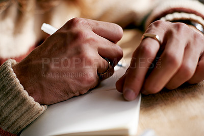 Buy stock photo Hands, diary and writing in notebook in home for journal entry, planning schedule and agenda. Information, person and notepad in house for inspirational affirmations, task planner and reminder notes