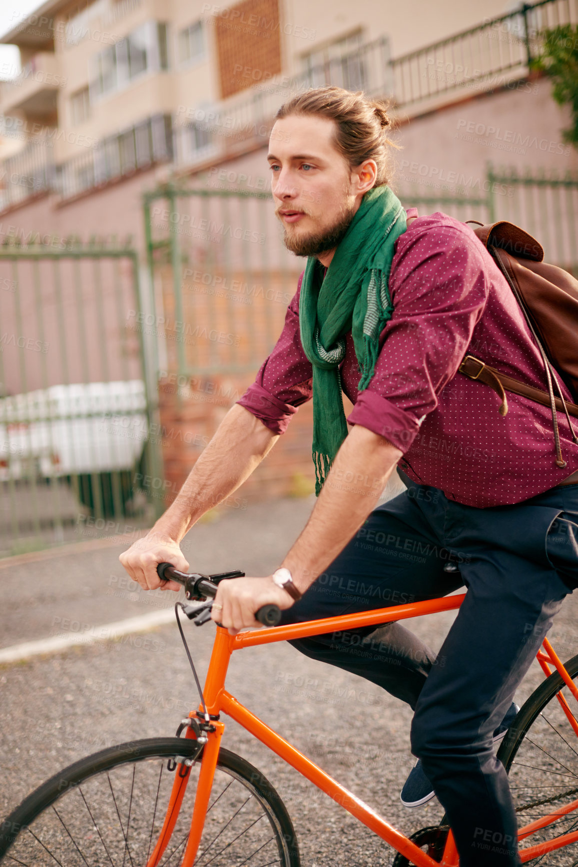 Buy stock photo Commute, man or bicycle in city for eco friendly transport, outdoor travel or entrepreneur. Morning, thinking or designer on road in urban town with bike, fashion or confidence for creative career