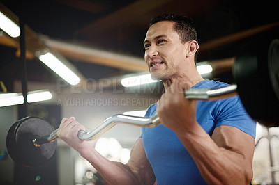 Buy stock photo Fitness, weights and man in gym for exercise, bodybuilder training and muscle workout. Barbell, weightlifting and person with equipment for strength, challenge and strong arms in sports center