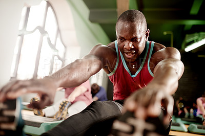 Buy stock photo Black man, stretching and intense exercise in gym with sweating, fitness and prepare muscle for workout. Endurance, training and male person in sports center for challenge, flexibility and health