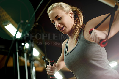 Buy stock photo Cable machine, sports and woman in gym for arm workout with strength training for activity. Health, wellness and female athlete with equipment for exercise, action or challenge in fitness center.