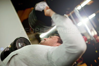Buy stock photo Bench press, weights and man in gym with dumbbell for exercise, fitness and bodybuilder training. Sports, weightlifting and person with equipment for strong muscles, strength and workout challenge