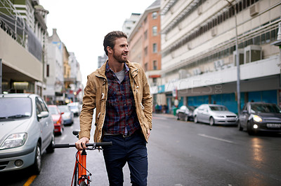 Buy stock photo Bike, street and travel with man in city for zero emission commute to work destination for environment. Business, push bicycle and walking downtown with person outdoor for eco friendly transport
