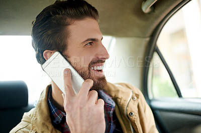 Buy stock photo Taxi, man and smile with phone call for talking, contact and transportation service for commute. Car, male person and traveler with laughing for mobile communication, travel trip and chat joke in cab