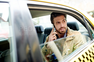Buy stock photo Commuting, traveller and man in taxi, phone call and talking to contact in public transport or commuter. Morning, employee and person with mobile for communication, travel or chat for trip in vehicle