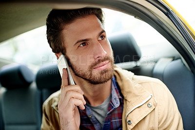 Buy stock photo Taxi, man and thinking with phone call for talking, contact and transportation service for commute. Car, male person and traveler with thoughts for mobile communication, travel trip and chat in cab