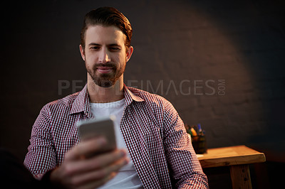Buy stock photo Phone, man and detective in office at night with email for update or notification on investigation. Cellphone, networking and male private investigator with contact for crime report with deadline.