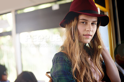 Buy stock photo Travel, serious and portrait of girl on bus for journey in morning to high school in city. Pride, trip and teenager from London on public transport for commuting to education campus in urban town.