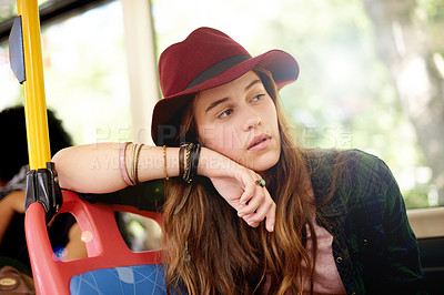 Buy stock photo Commute, thinking and tourism with girl on bus for adventure, journey or sightseeing vacation. Destination, location and travel with thoughtful teen tourist on public transportation for holiday ideas