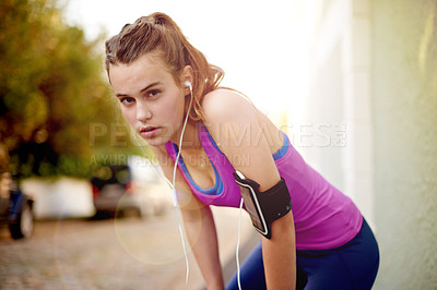Buy stock photo Earphones, fitness and portrait of girl on break, rest or relax for running, marathon or race training. Sports, outdoor and female athlete with audio tech for listening to music with cardio workout.