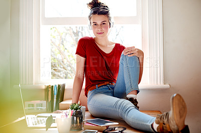 Buy stock photo Portrait, student and girl with headphones, home and studying for test with music, laptop and relax. House, teenager and person with tech for education, streaming and listening to audio in Canada