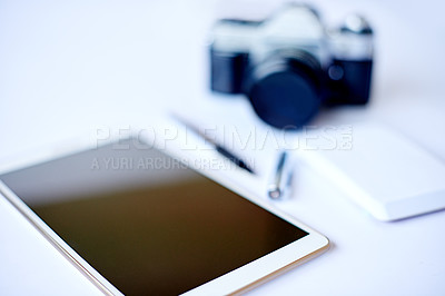 Buy stock photo Flat lay, tablet screen and creative work equipment with pen, notepad and camera for photography. Digital technology, business and tools on desk in empty office for content creation with space