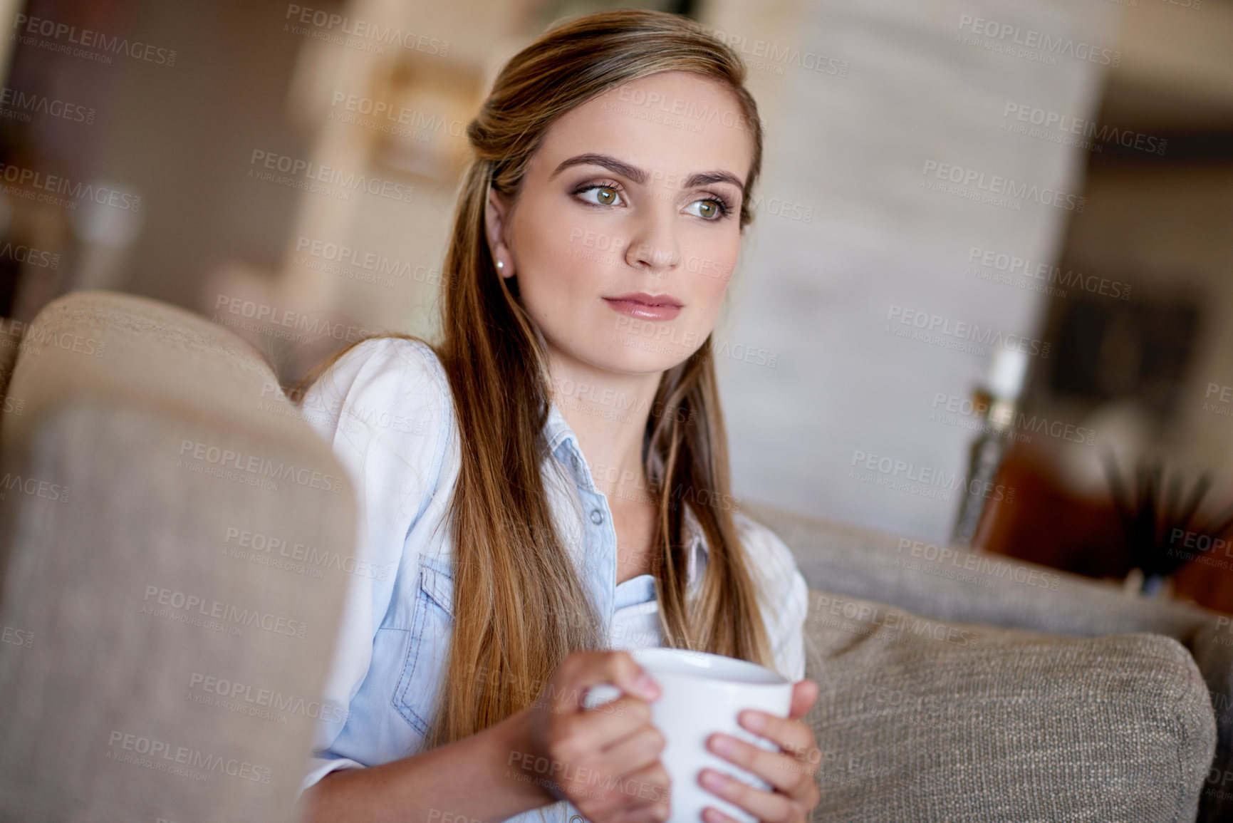 Buy stock photo Thinking, coffee and woman on sofa with memory for calm, peaceful and break in morning at home. Nostalgia, cappuccino and female person drinking warm beverage with reflection in living room at house.