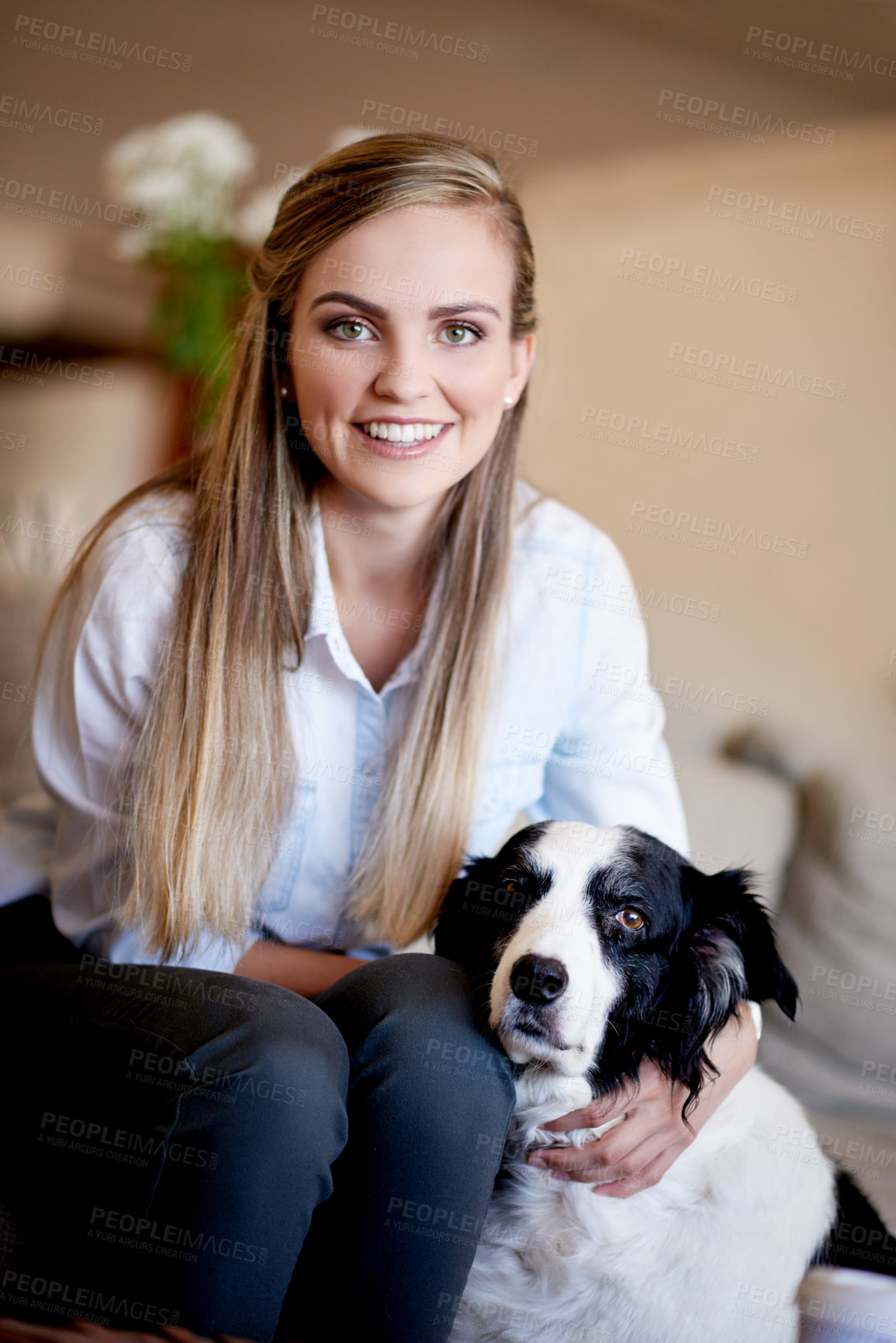 Buy stock photo Dog, hug and portrait of woman on sofa in living room of home for animal adoption, bonding or trust. Happy, love or security with foster pet and owner in apartment together for companion loyalty
