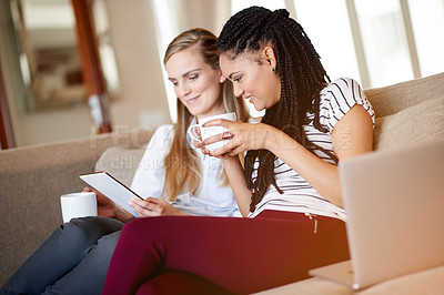 Buy stock photo Coffee, friends or women on laptop in home for online videos, movies or social media post. Beverage, internet subscription or people on technology for streaming option, film or tea to relax on sofa