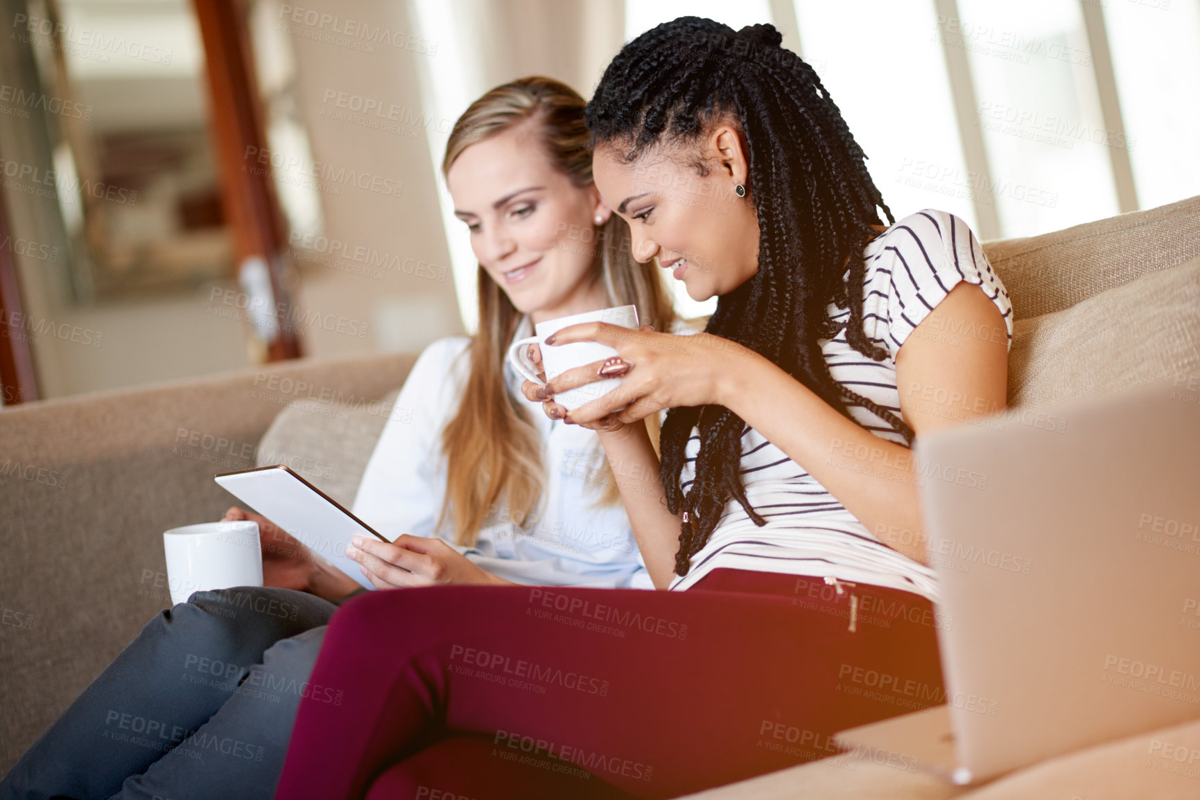 Buy stock photo Coffee, friends or women on laptop in home for online videos, movies or social media post. Beverage, internet subscription or people on technology for streaming option, film or tea to relax on sofa