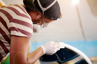 Buy stock photo Below, resin and man with surfboard, fiberglass and creative for skills, talent and hobby. Craftsman, artist and entrepreneur with workshop for design, manufacturing and custom work for artisan craft