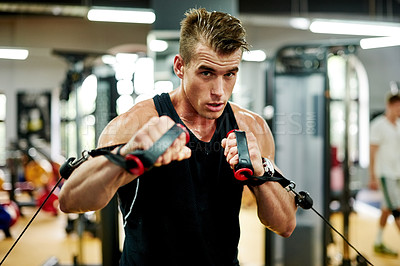Buy stock photo Athlete, portrait and cable machine at gym for punching practice, boxing endurance and stamina. Boxer, man and rope pulley at sports club for competition fitness, fight training and power challenge