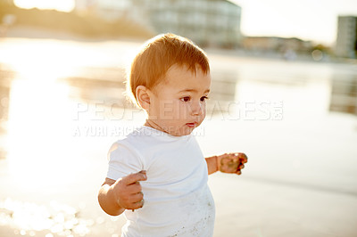 Buy stock photo Boy, toddler and playing at beach with childhood, holiday and space outdoor for travel. Adventure, nature and sunset for summer fun with male kid by ocean with games on vacation in Australia