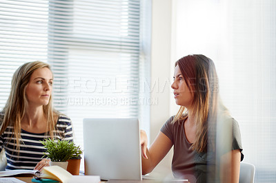 Buy stock photo Laptop, planning and meeting with business women in office for teamwork, designer project and update. Collaboration, creative partnership and startup with employees in agency for online report