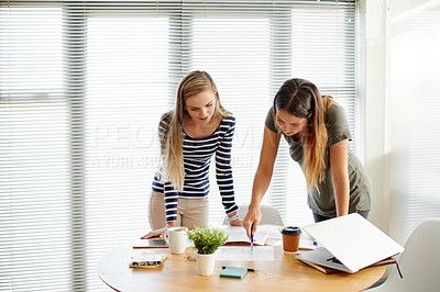 Buy stock photo Businesswomen, planning or meeting in office with ideas, strategy or space brainstorming for project. Productivity, PR team or research in boardroom with tech, collaboration or teamwork for campaign.
