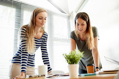 Buy stock photo Businesswomen, planning or meeting in office with ideas, strategy or brainstorming for project. Productivity, PR team or research in boardroom with tech, collaboration or teamwork for campaign.