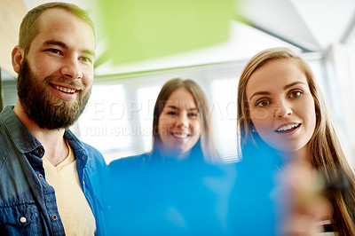 Buy stock photo Pov, planning and business people by glass for meeting, brainstorming and project ideas in office. Creative startup, collaboration and workers with sticky notes for task agenda, strategy and teamwork