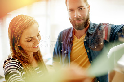 Buy stock photo Collaboration, creative and partnership with designer people in office together for planning. Brainstorming, portrait and strategy with employee team in design workplace for reading or review