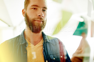 Buy stock photo Thinking, sticky notes and business man in office for brainstorming, planning and project agenda. Creative agency, window and person with tasks, reminder and idea for schedule, strategy and proposal