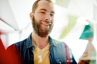 Buy stock photo Happy, sticky notes and business man by glass for brainstorming, planning and project agenda. Creative agency, thinking and person with tasks, reminder and idea for schedule, strategy and proposal