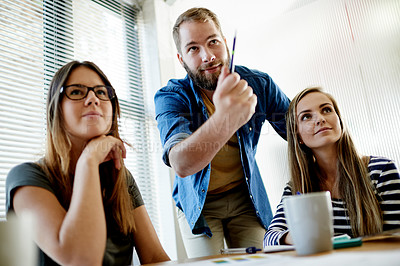 Buy stock photo Meeting, pointing and team with business people in office for media briefing, report and collaboration. Press release pitch, journalist update and partnership with employees in creative agency