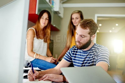 Buy stock photo Business, writing and man in office, planning and coworking with creative agency. People, graphic designer and employees with documents, brainstorming and ideas for project, choice and collaboration