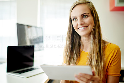 Buy stock photo Thinking, smile and woman with tablet in office for reflection, story ideas and editor feedback. Journalist, digital and planning for article problem solving, draft update and decision on publication