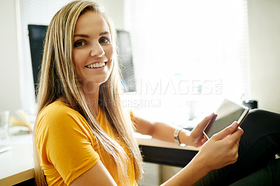 Buy stock photo Tablet, online and portrait of business woman in office for journalist, research and magazine publisher. Article editor, story reporter and blog development with person in creative media agency
