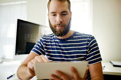 Buy stock photo Web designer, research or man on tablet in startup for software system or online update. Internet, developer or backend engineer reading with technology for IT, review or company homepage development