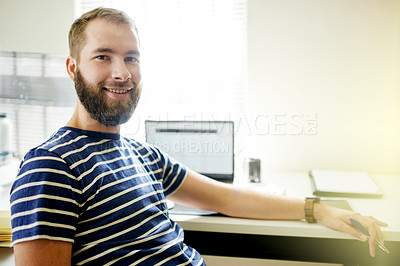 Buy stock photo Web designer, computer or portrait of happy man in startup for software system or online update. Confident, developer or proud backend engineer with technology for IT research and company development